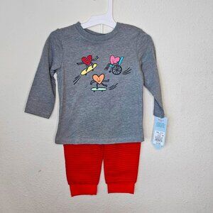 NWT Cat & Jack 2PC Outfit. Grey Long Sleeve Lightweight Top Red Stripped Sweats